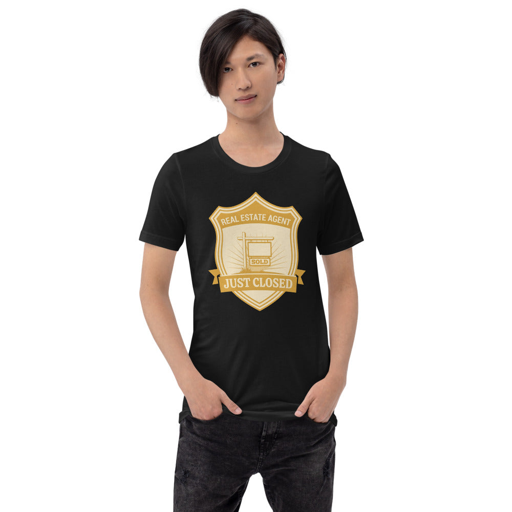 Just Closed real estate agent tee — Vintage Black, on model