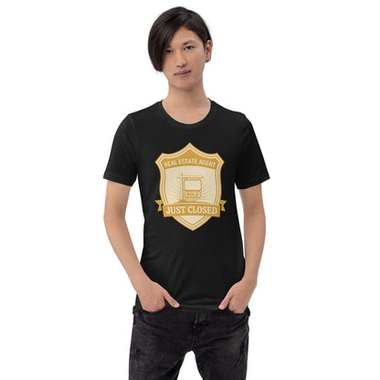 Just Closed real estate agent tee — Vintage Black, on model