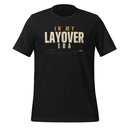 In My Layover Era flight attendant tee — Vintage Black, front