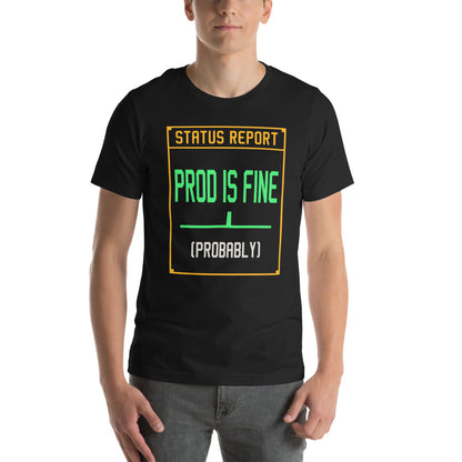 Prod Is Fine programmer tee — Vintage Black, on model