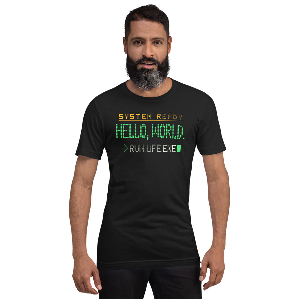 Hello World retro boot screen programmer tee — Vintage Black, on model