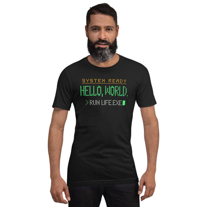 Hello World retro boot screen programmer tee — Vintage Black, on model