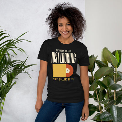 Just Looking Sixty Dollars Later vinyl record tee — Vintage Black, on model