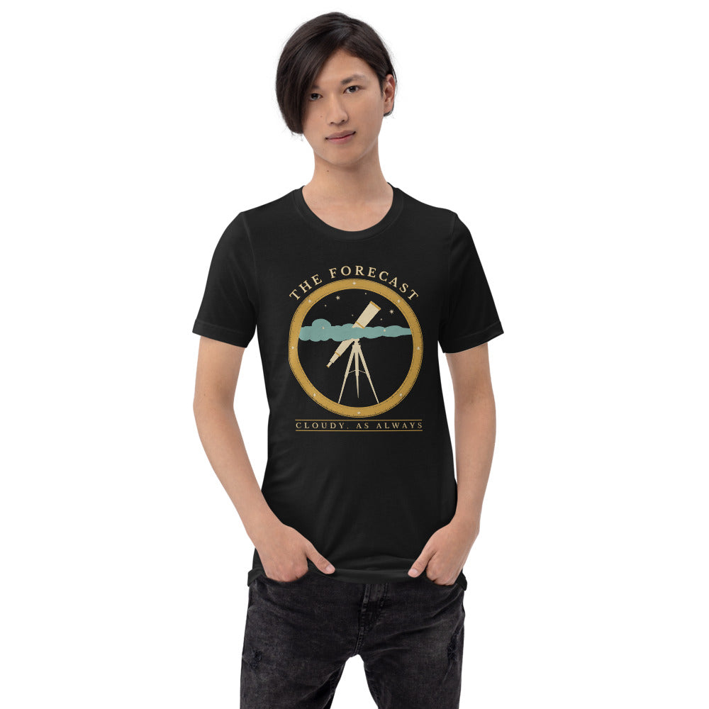 The Forecast Cloudy As Always funny astronomy tee — Vintage Black, on model