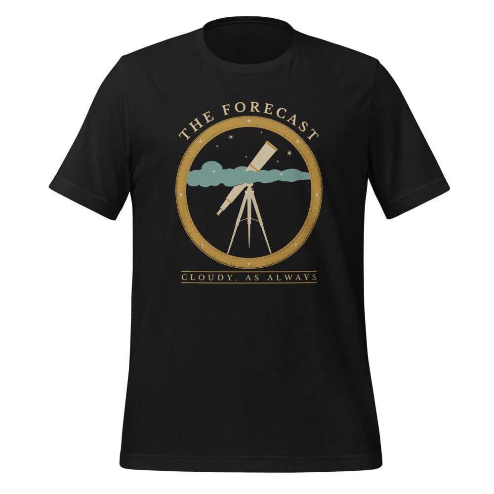 The Forecast Cloudy As Always funny astronomy tee — Vintage Black, front