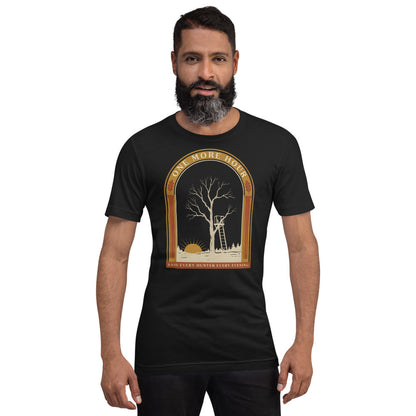 One More Hour funny deer hunting tee — Vintage Black, on model