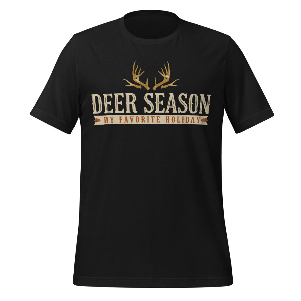 Deer Season My Favorite Holiday deer hunting tee — Vintage Black, front