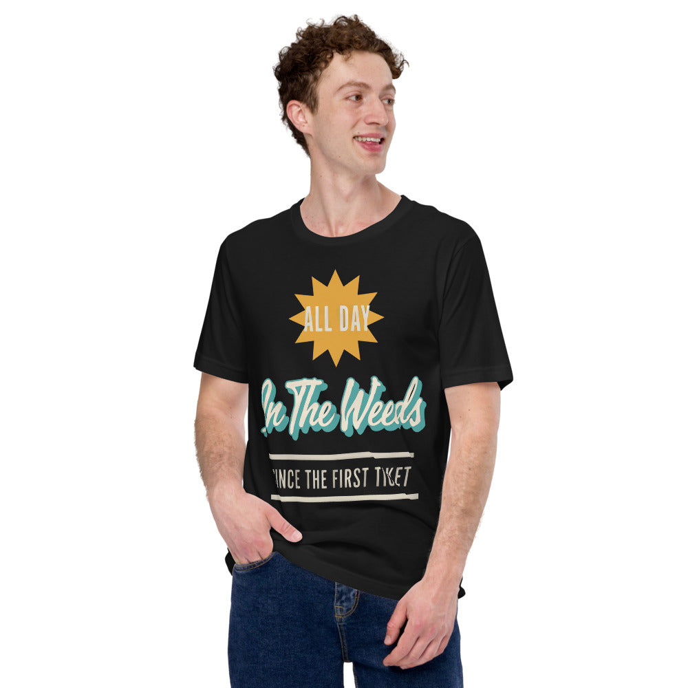 In The Weeds line cook retro diner service sign t-shirt — Vintage Black, on model