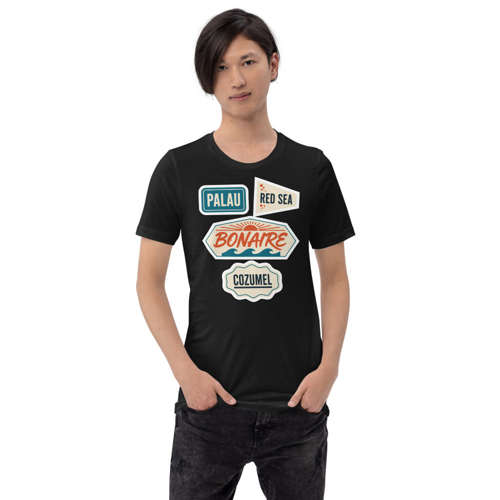 Vintage scuba diving dive sites travel decal t-shirt — Vintage Black, on model