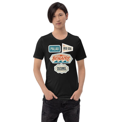 Vintage scuba diving dive sites travel decal t-shirt — Vintage Black, on model
