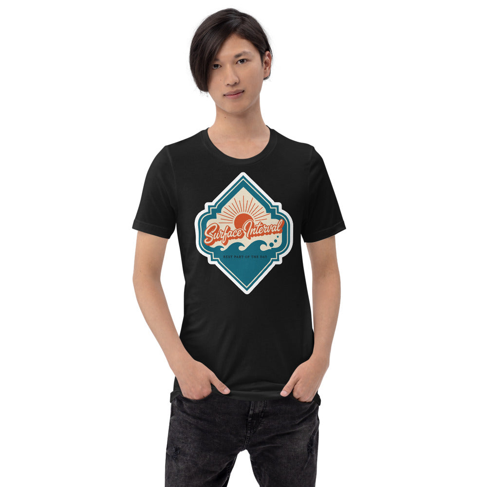 Surface Interval vintage scuba diving travel decal t-shirt — Vintage Black, on model