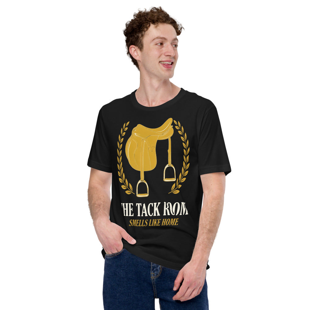 The Tack Room engraved equestrian saddle crest t-shirt — Vintage Black, on model