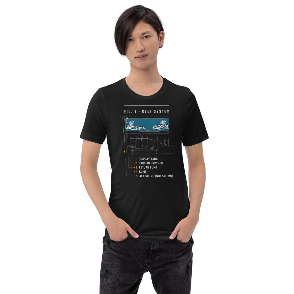 Reef System technical cutaway saltwater aquarium t-shirt — Vintage Black, on model