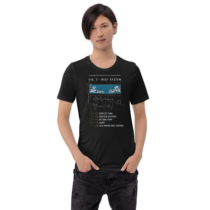 Reef System technical cutaway saltwater aquarium t-shirt — Vintage Black, on model