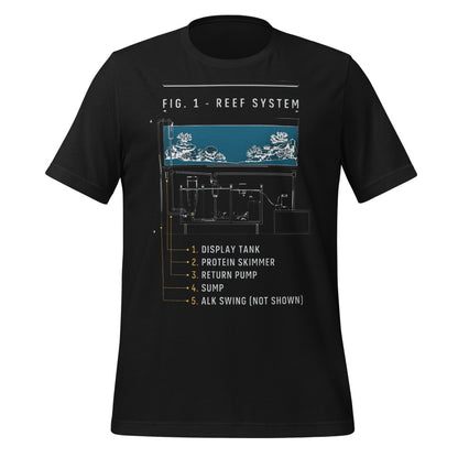 Reef System technical cutaway saltwater aquarium t-shirt — Vintage Black, front