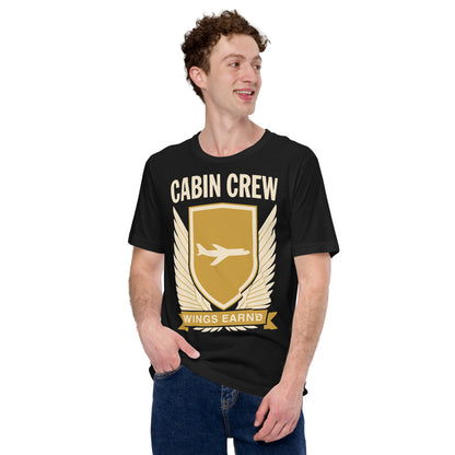 Wings Earned flight attendant tee — Vintage Black, on model