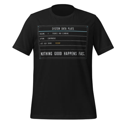 Nothing Good Happens Fast reef system data plate saltwater aquarium t-shirt — Vintage Black, front