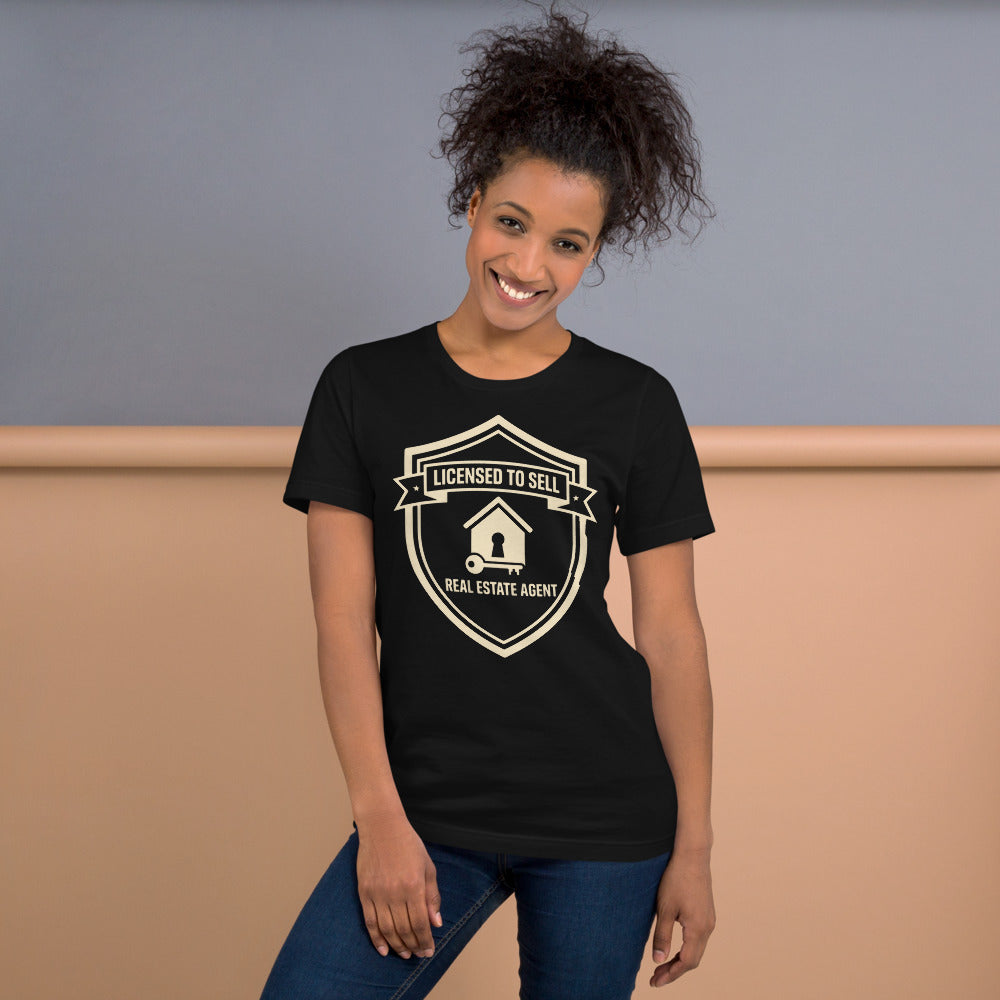 Licensed to Sell real estate agent tee — Vintage Black, on model