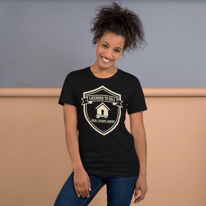 Licensed to Sell real estate agent tee — Vintage Black, on model