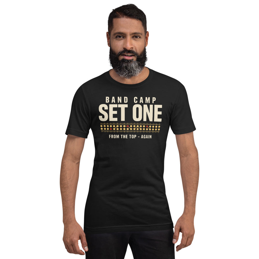 Set One marching band drill chart t-shirt — Vintage Black, on model