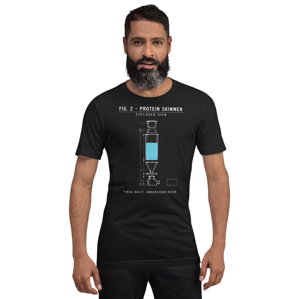 Protein Skimmer Exploded View reef tank saltwater aquarium t-shirt — Vintage Black, on model