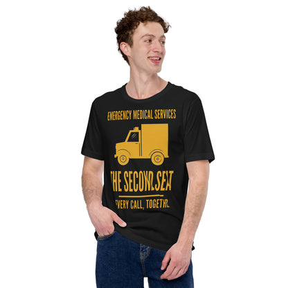 The Second Seat EMS paramedic tee — Vintage Black, on model