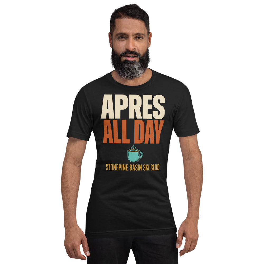 Après All Day Stonepine Basin Ski Club retro apres-ski t-shirt — Vintage Black, on model