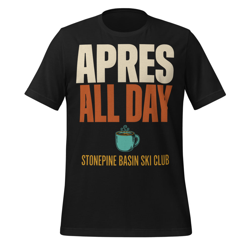 Après All Day Stonepine Basin Ski Club retro apres-ski t-shirt — Vintage Black, front