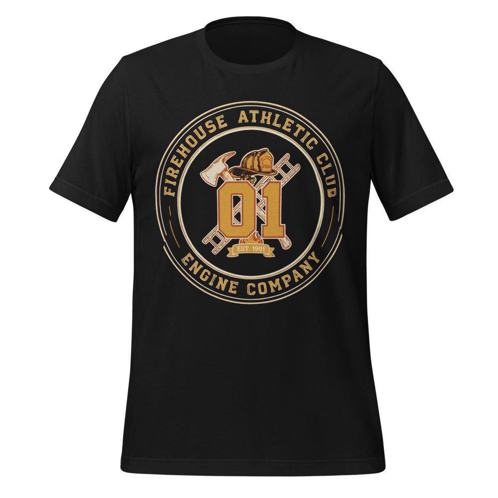 Firehouse Athletic Club retro firefighter emblem tee — Vintage Black, front