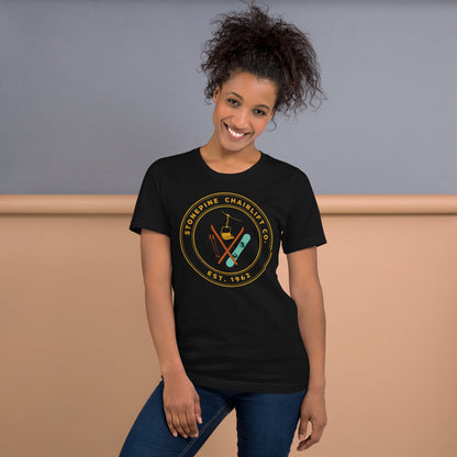 Stonepine Chairlift Co. retro vintage ski club badge t-shirt — Vintage Black, on model