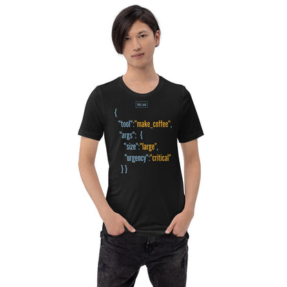 Tool Call Make Coffee AI engineer tee — Vintage Black, on model
