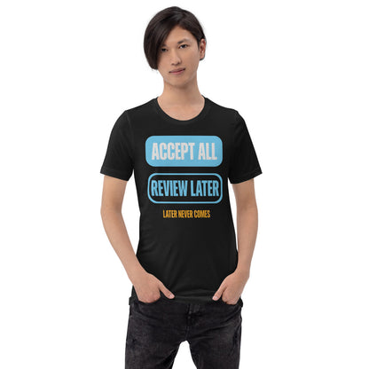 Accept All Review Later tee — Vintage Black, on model