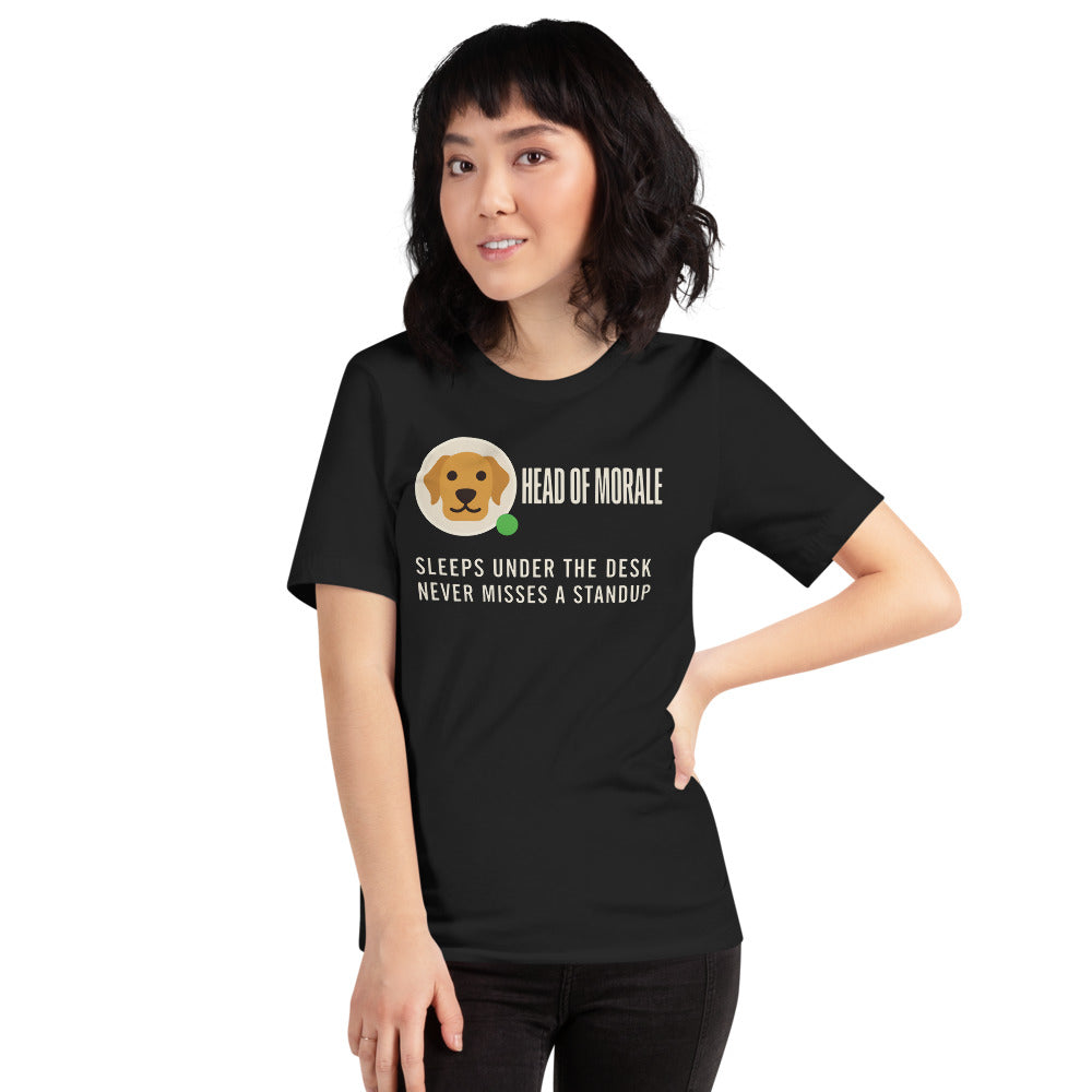 Head of Morale dog profile card unisex t-shirt — Vintage Black, on model