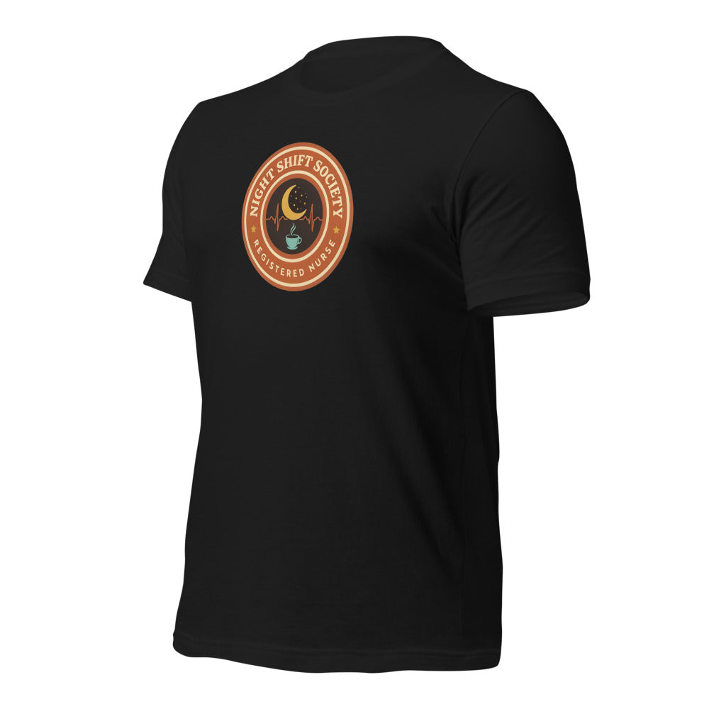 Night Shift Society retro registered nurse badge tee — Vintage Black, front-right