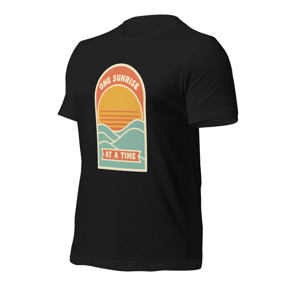 One Sunrise at a Time retro sunrise tee — Vintage Black, front-right