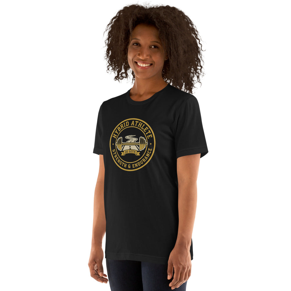 Hybrid Athlete vintage athletic-department crest tee — Vintage Black, on model