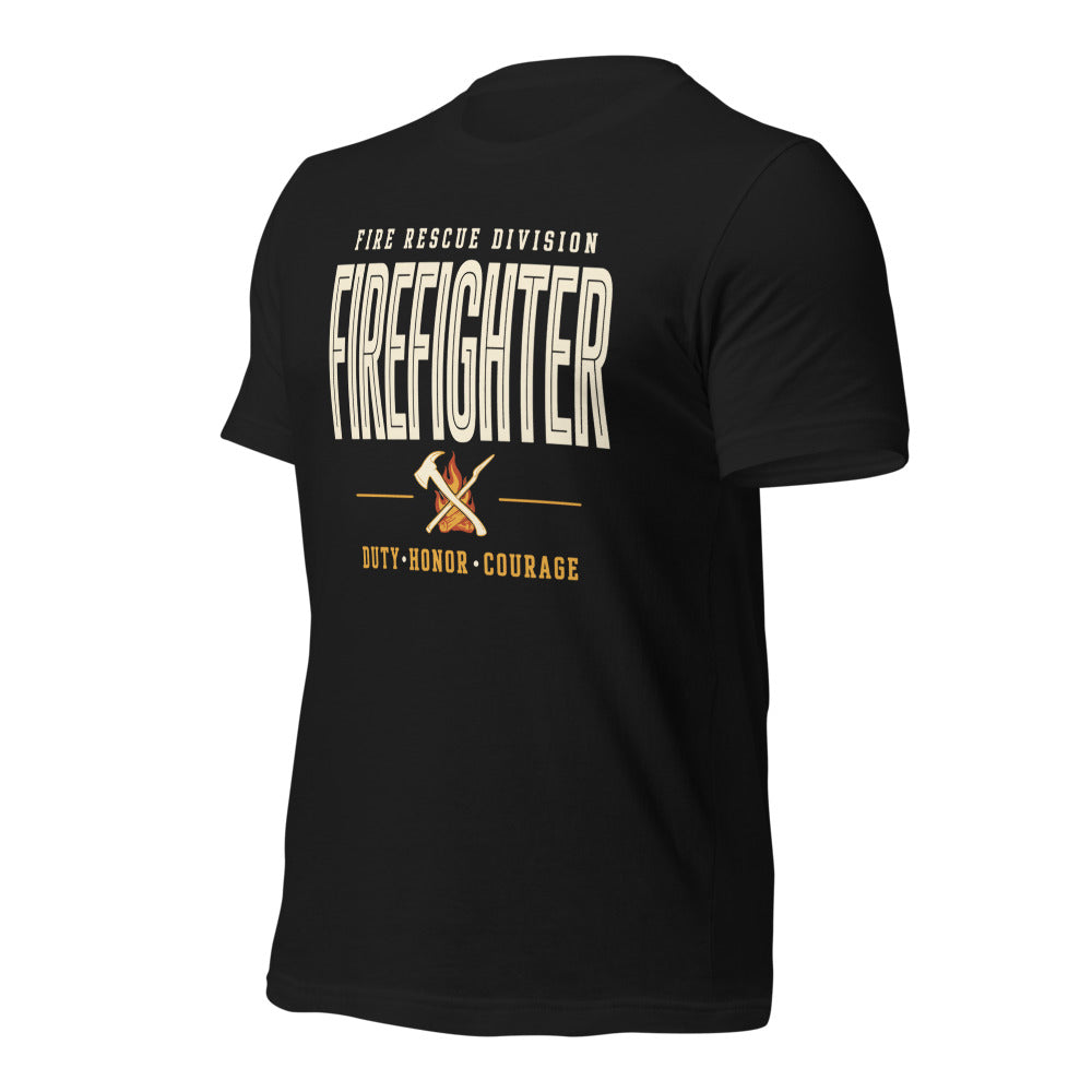 Firefighter collegiate wordmark retro fire-rescue tee — Vintage Black, front-right