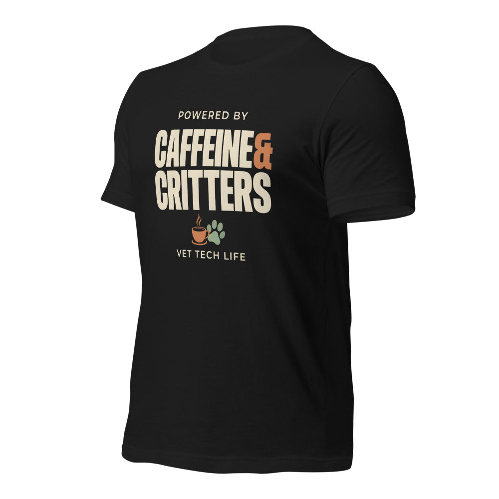 Powered by Caffeine & Critters funny vet tech tee — Vintage Black, front-right