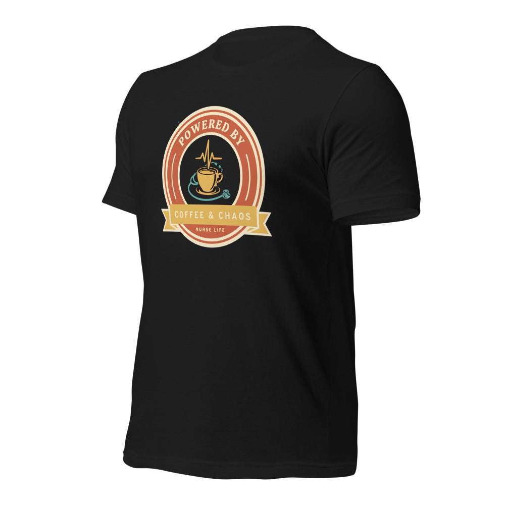 Powered by Coffee & Chaos retro nurse badge tee — Vintage Black, front-right