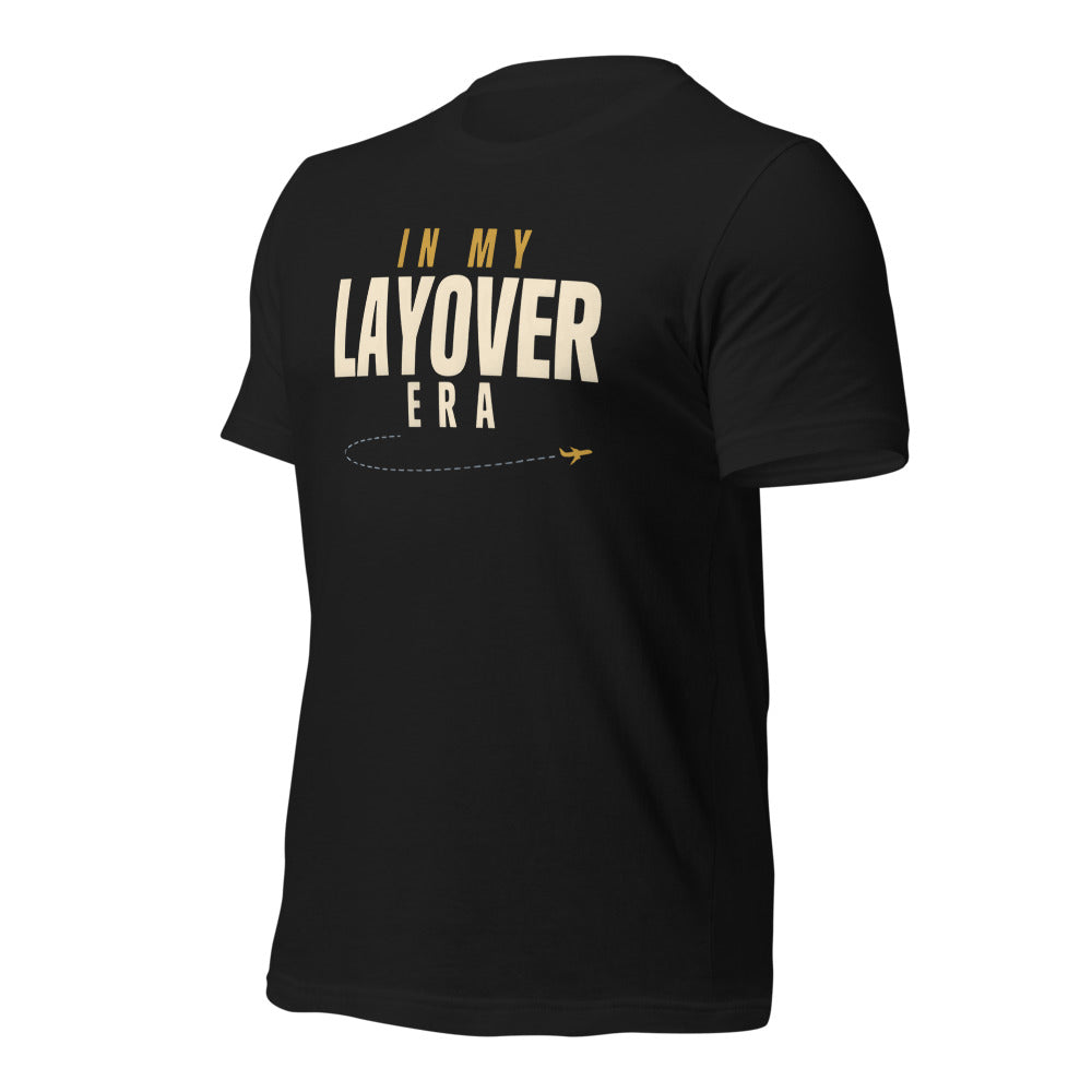 In My Layover Era flight attendant tee — Vintage Black, front-right