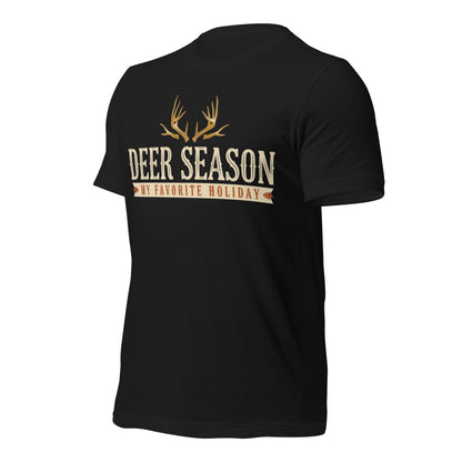 Deer Season My Favorite Holiday deer hunting tee — Vintage Black, front-right