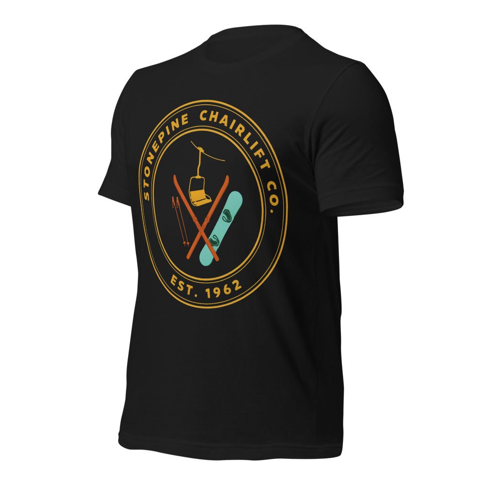 Stonepine Chairlift Co. retro vintage ski club badge t-shirt — Vintage Black, front-right
