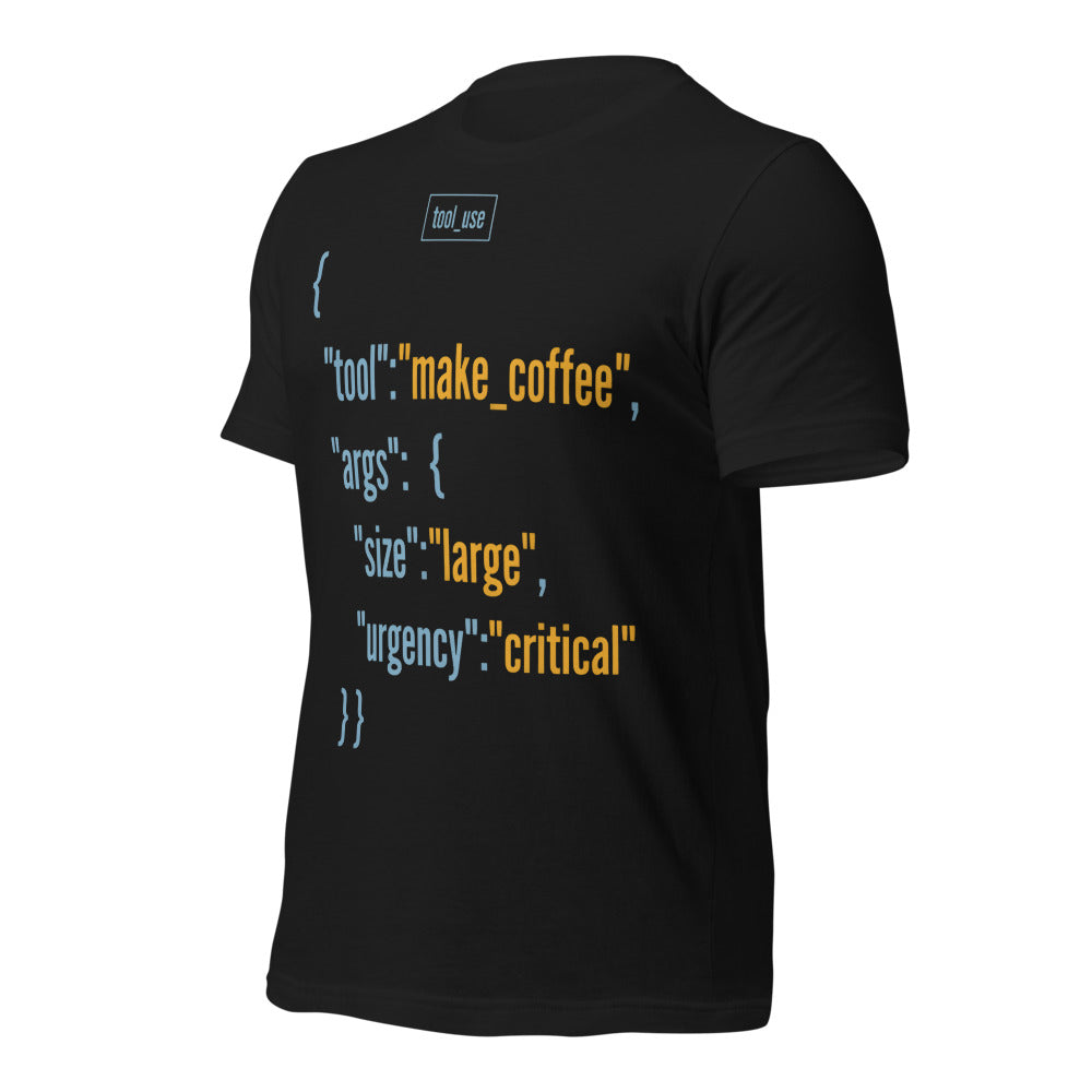 Tool Call Make Coffee AI engineer tee — Vintage Black, front-right