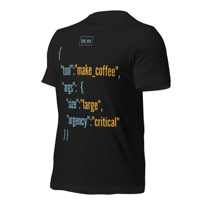 Tool Call Make Coffee AI engineer tee — Vintage Black, front-right