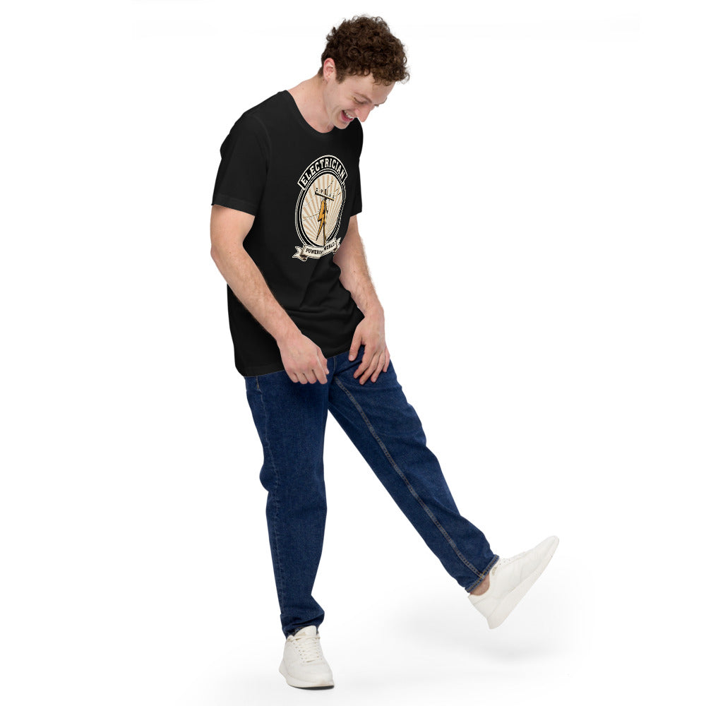 Powering The World electrician emblem tee — Vintage Black, on model
