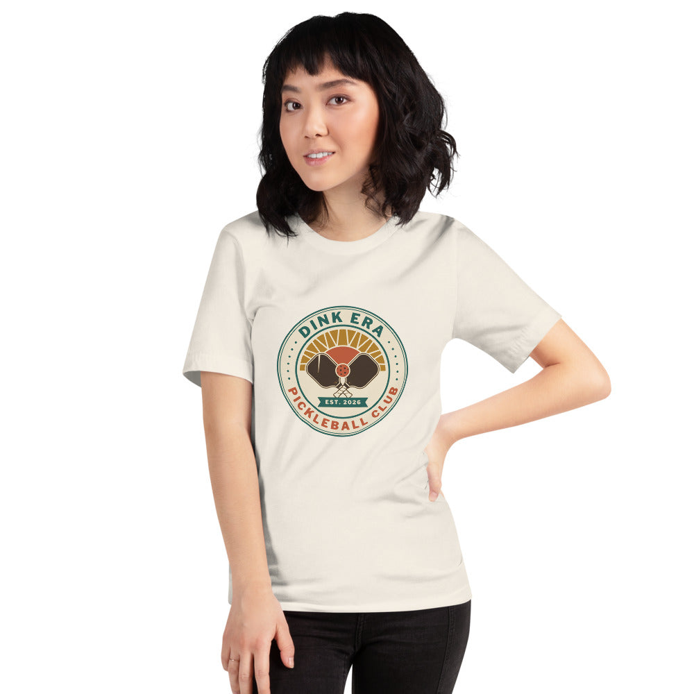 Dink Era Pickleball Club tee — Vintage White, on model