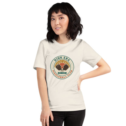Dink Era Pickleball Club tee — Vintage White, on model