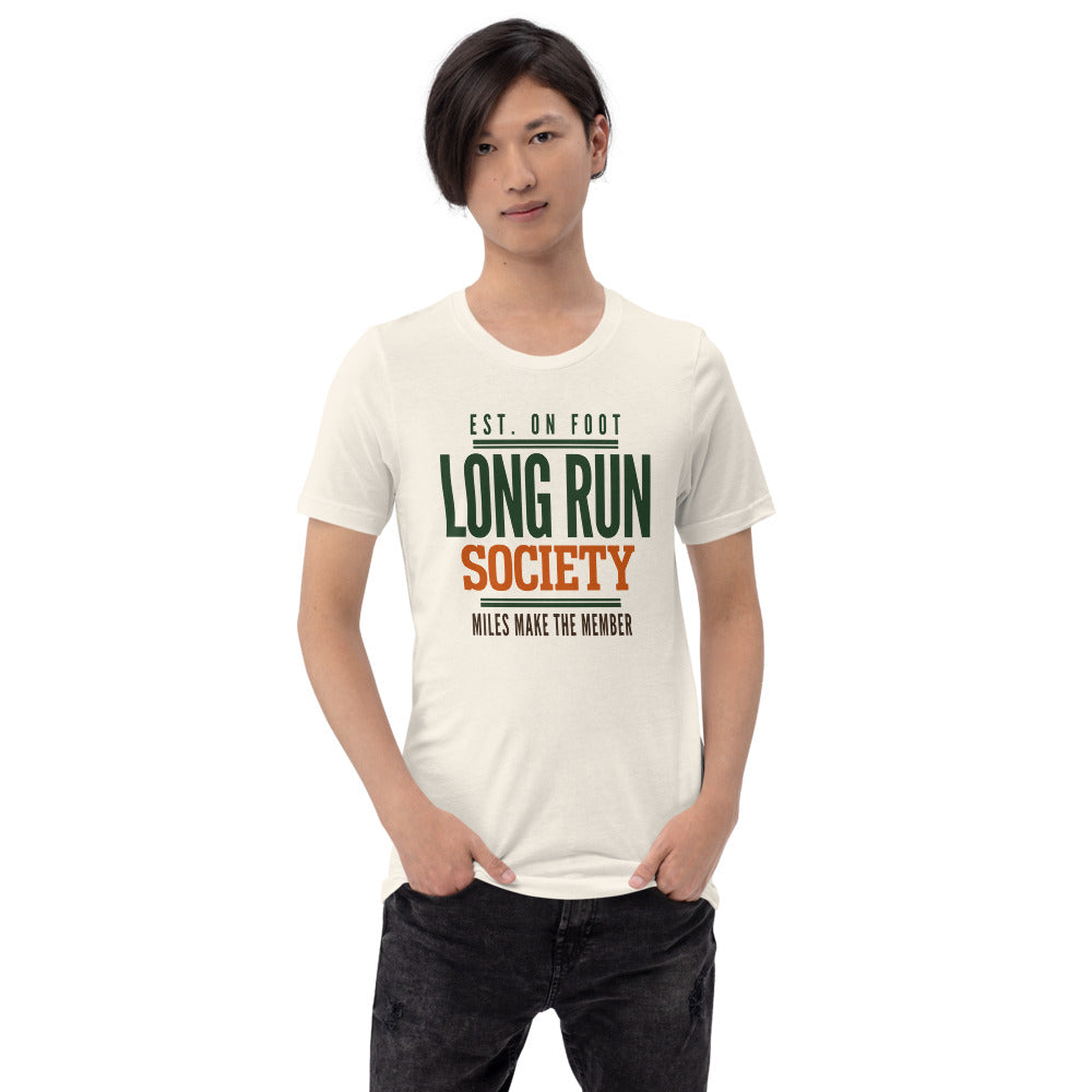 Long Run Society retro running tee — Vintage White, on model