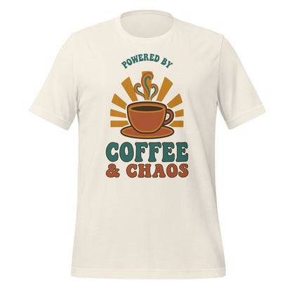 Powered By Coffee And Chaos retro groovy teacher tee — Vintage White, front