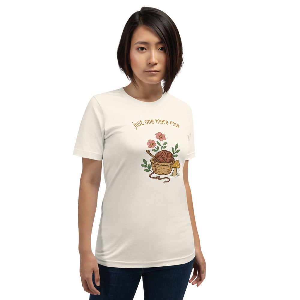 Just One More Row crochet cottagecore tee — Vintage White, on model